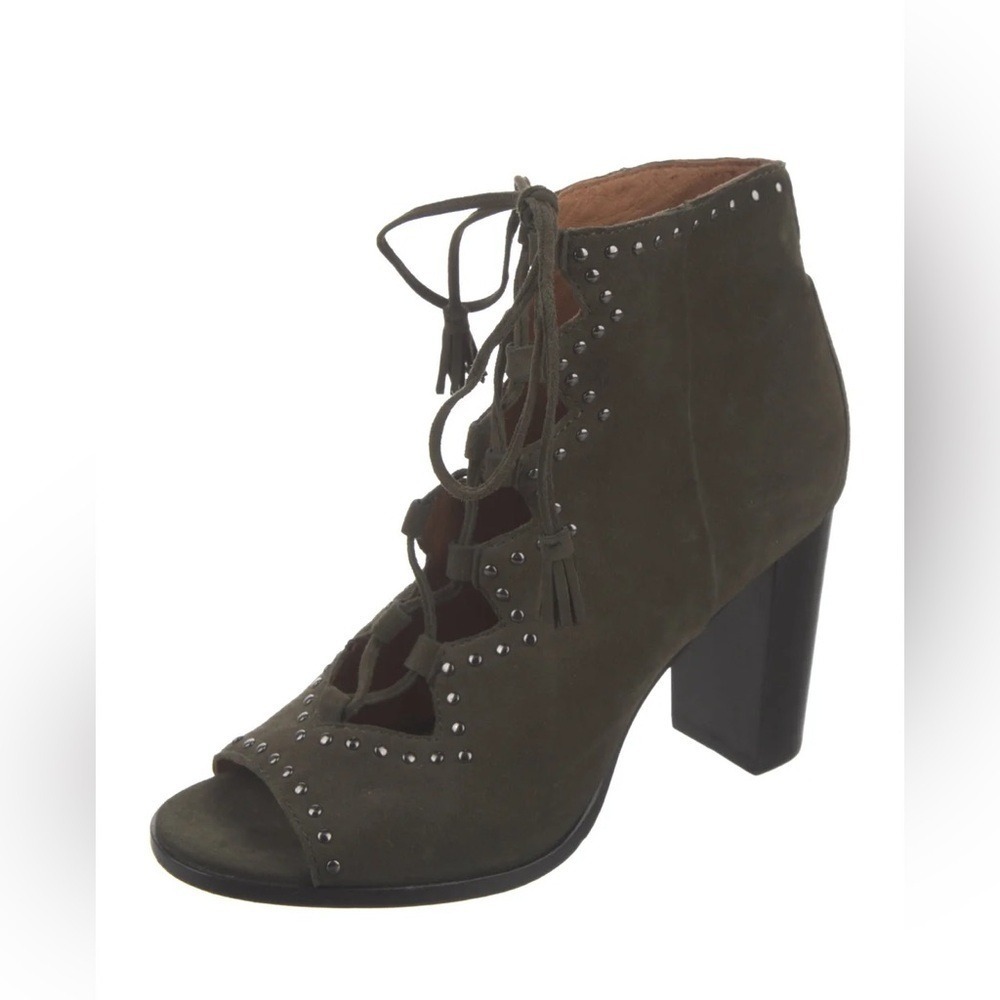 Frye Women‎ Olive Green Suede Lace Up Peep Toe Booties Size 8M Studded Tassel